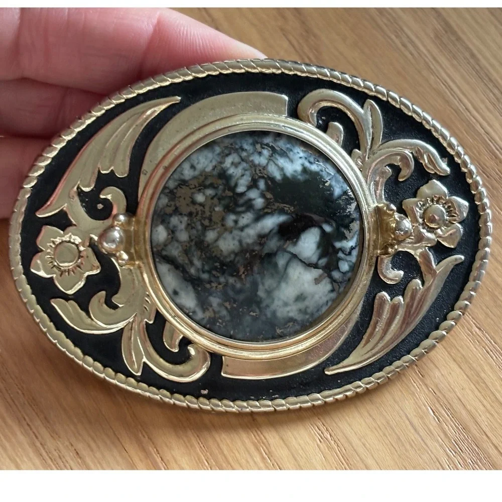 Vintage Style Oval Western Belt Buckle Silver Tone Marbled Stone Floral Filigree